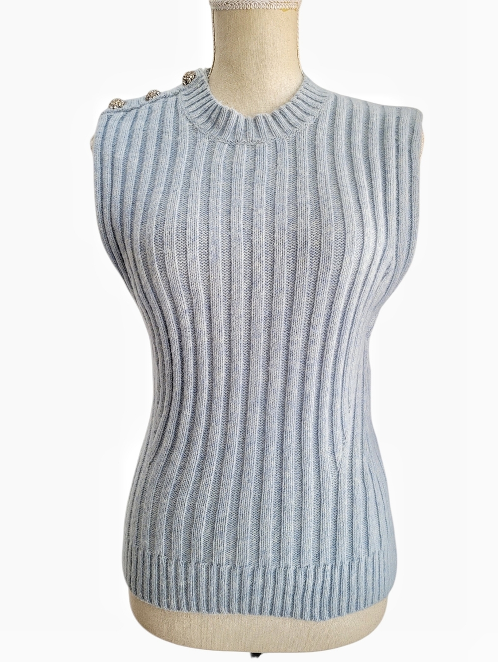 GANNI Crystal Button Wool Blend Vest Airy Blue Ribbed‎ Knit Size L
